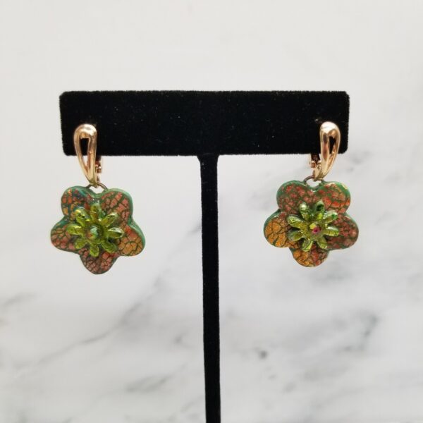 Copper Flowers on Green with Jewel - Gold wires