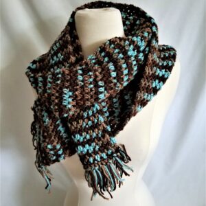 crochet blue and brown scarf and hat set. Yolanda's Creations