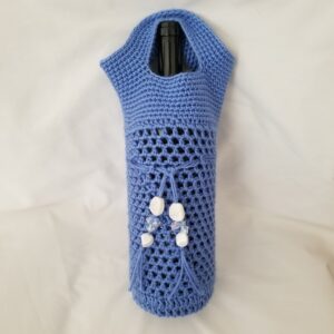 BLue Crochet Wine Bottle Bag with Beaded Tie, Yolanda's Creations