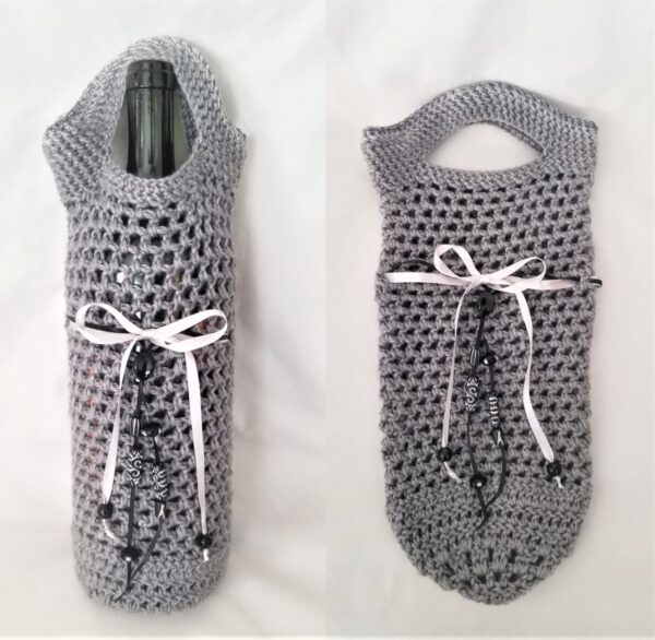 Heather Grey Crochet Wine Bottle Bag