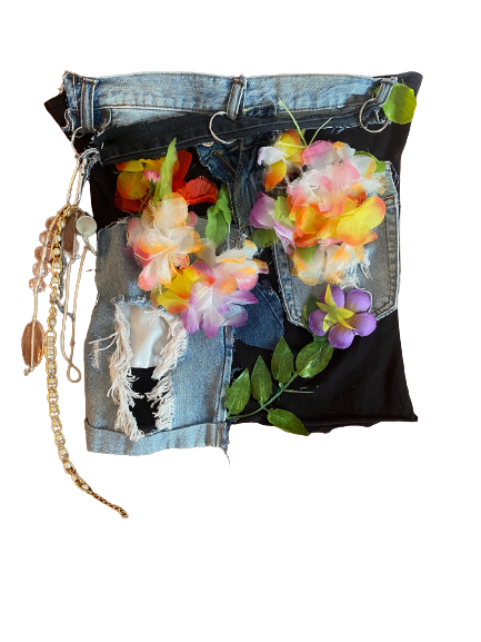 Upcycle Avante - Garde Denim and Cottong Tube Top with Floral and Leaf Decoration, attached with additional whistle and chain. Created by Anacia Sessoms