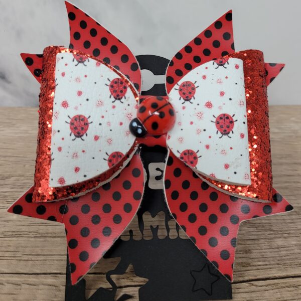 Lady Bug Print Faux Leather Bow Hair Clip with Charm