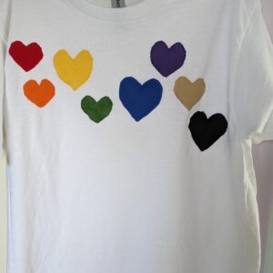 White t-shirt with hearts in gay pride colors