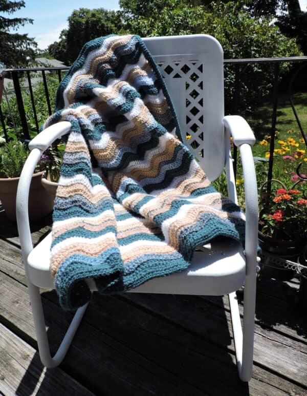 Ocean-Themed Crochet Ripple Throw Blanket Outside