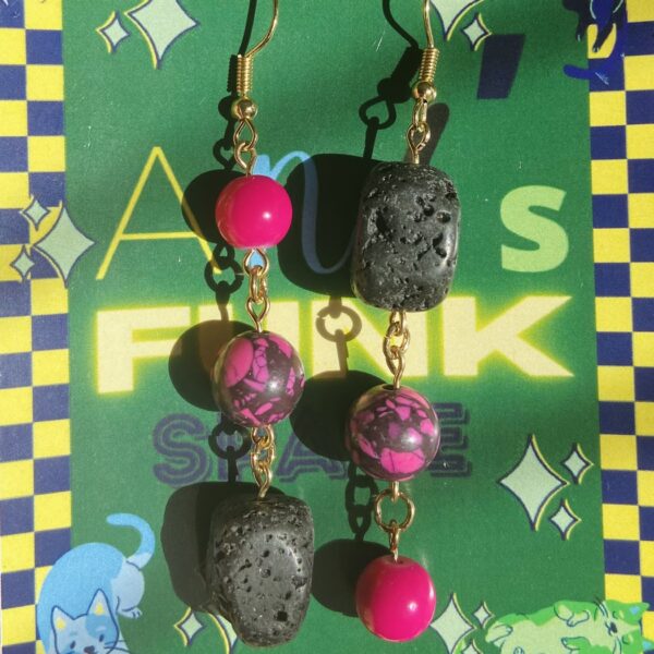 Pink and black asymmetrical earrings