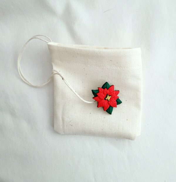 Fabric Reusable Tea Bag, Muslin Cotton Fabric, Poinsettia Button