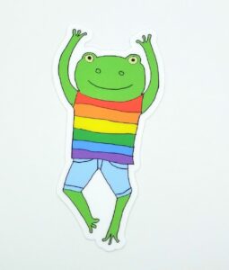 Frog sticker with rainbow shirt and jean shorts jumping