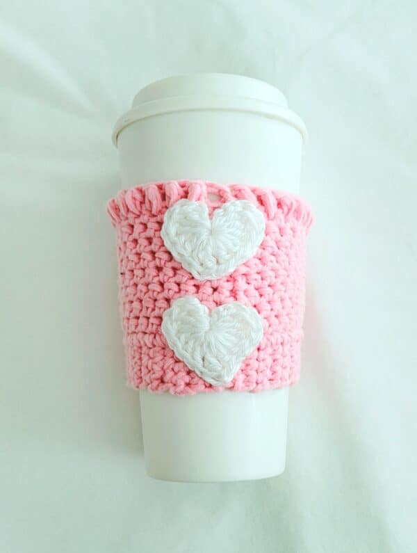 Cup Sleeve, Crochet - Pink with White Hearts