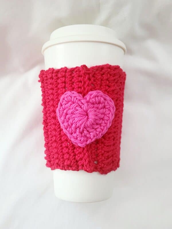 Cup Sleeve, Crochet - Red with Fuschia Heart