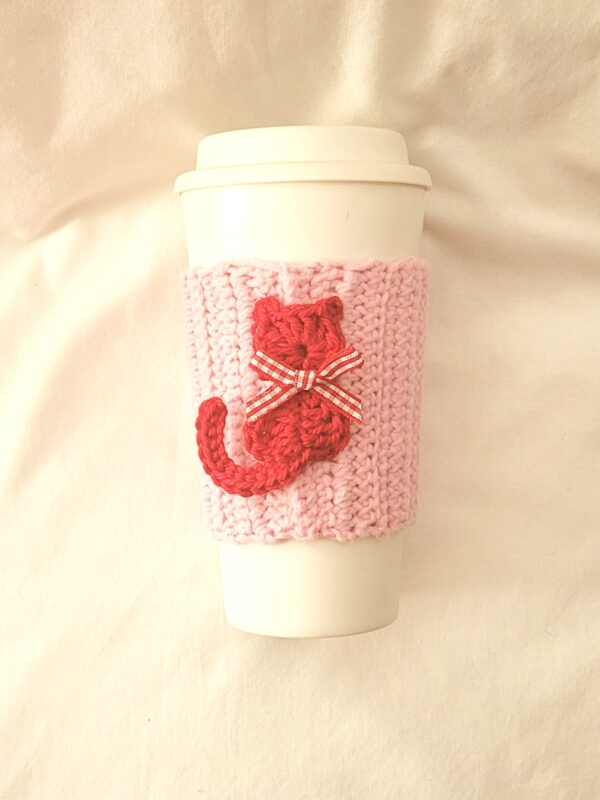 Cup Sleeve, Crochet - Pink with Red Cat