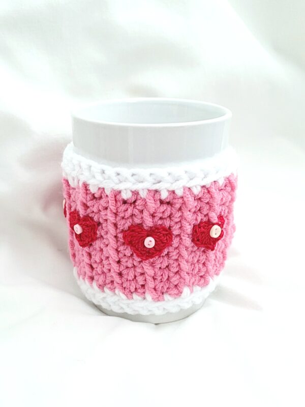 Cup Cozy - Pink with Red Mini Hearts