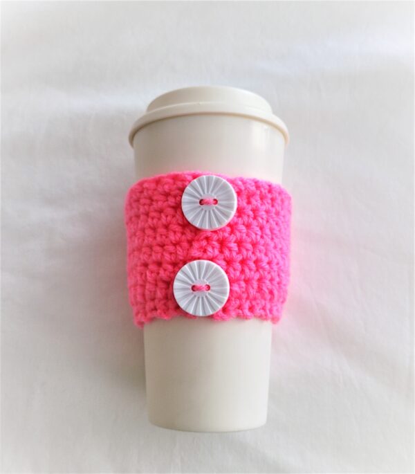 Cup Sleeve, Crochet - Pretty n' Pink with White Round Buttons