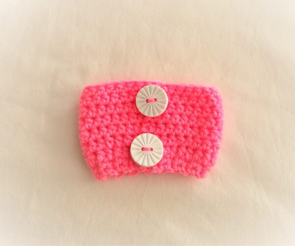 Cup Sleeve, Crochet - Pretty n' Pink with White Round Buttons - Image 2