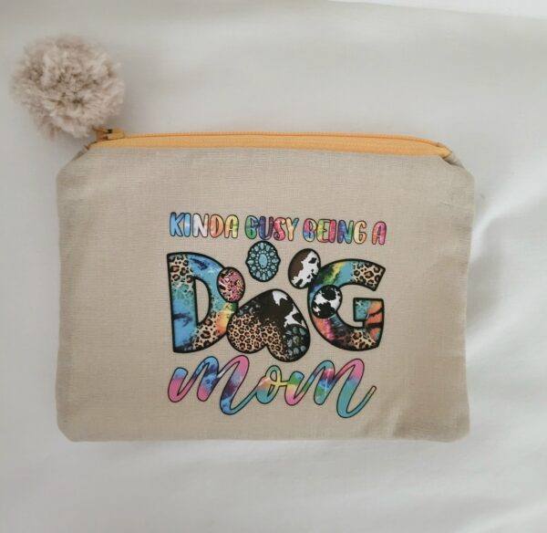 Fabric Zipper Pouch Bag - Tan, Kinda Busy Being A Dog Mom