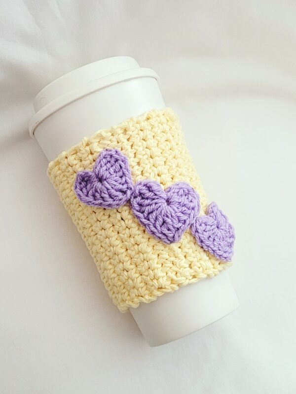 Cup Sleeve, Crochet - Yellow with Lavender Hearts - Image 3