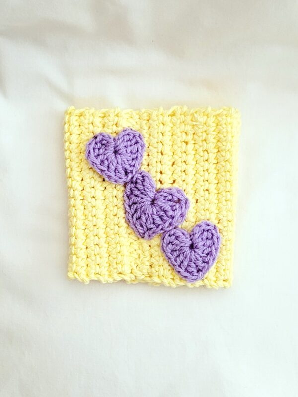 Cup Sleeve, Crochet - Yellow with Lavender Hearts - Image 2