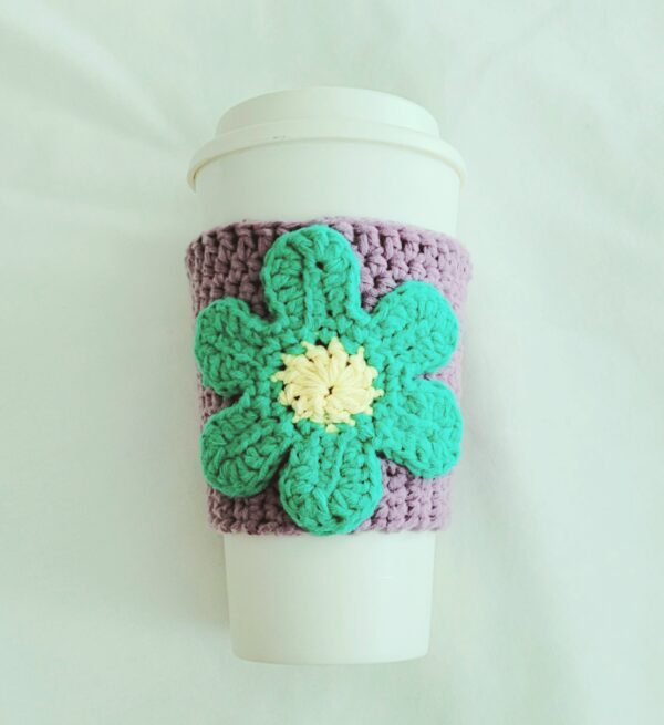 Cup Sleeve, Crochet - Lavender with Green Blossom