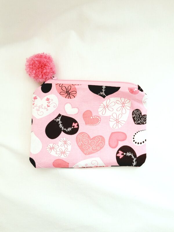 Fabric Zipper Pouch Bag - Pink/Brown Hearts