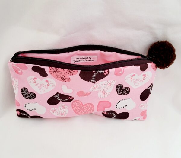 Fabric Zipper Pouch Bag - Pink/Brown Hearts - Image 2