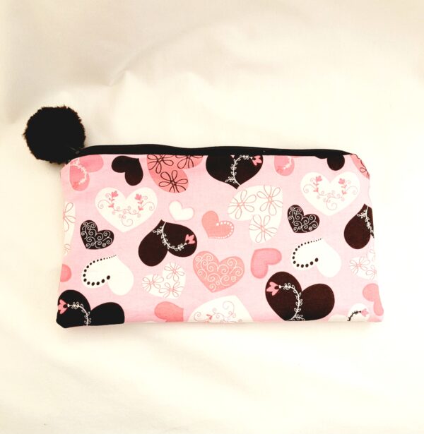 Fabric Zipper Pouch Bag - Pink/Brown Hearts