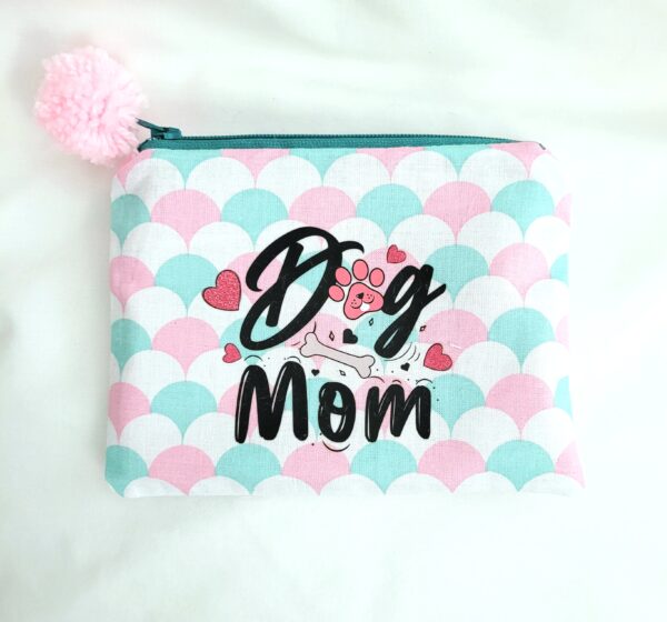 Fabric Zipper Pouch Bag - Pink/Turquoise, Dog Mom