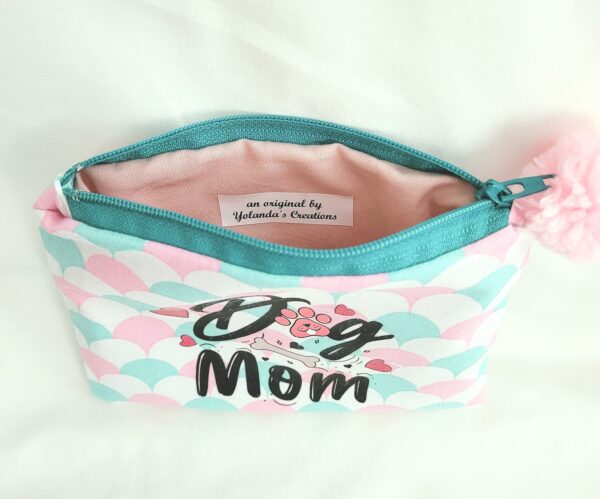 Fabric Zipper Pouch Bag - Pink/Turquoise, Dog Mom - Image 2