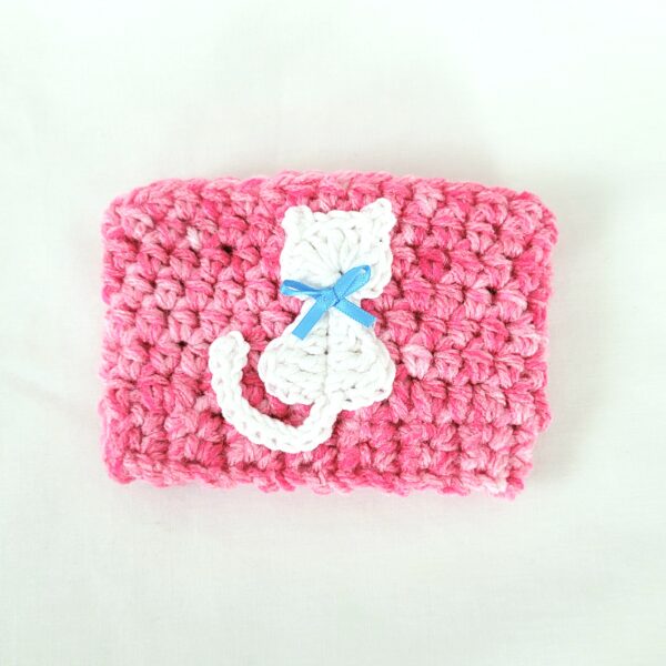 Cup Sleeve, Crochet - Pink with White Cat - Image 2