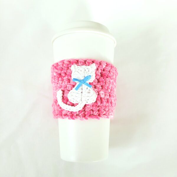 Cup Sleeve, Crochet - Pink with White Cat