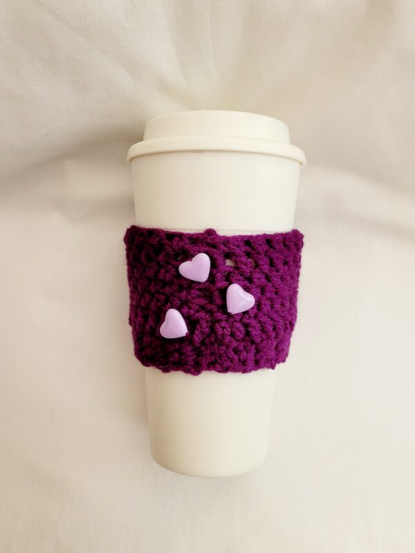 Cup Sleeve, Crochet - Purple with Lavendar Hearts