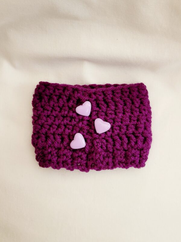 Cup Sleeve, Crochet - Purple with Lavendar Hearts - Image 2