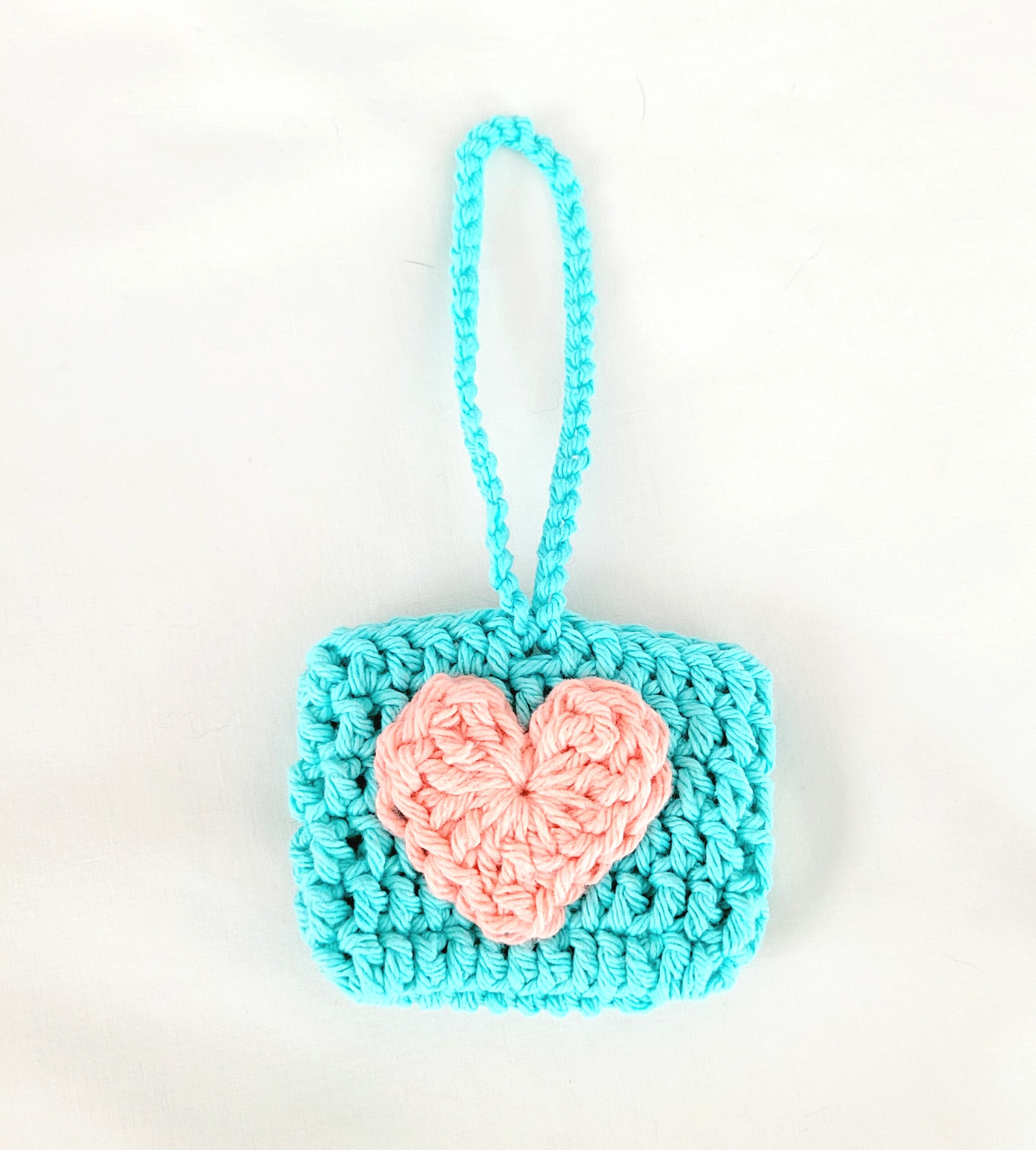 Wireless Earbud Crochet Holder, Pouch - Light Blue with Peach Heart