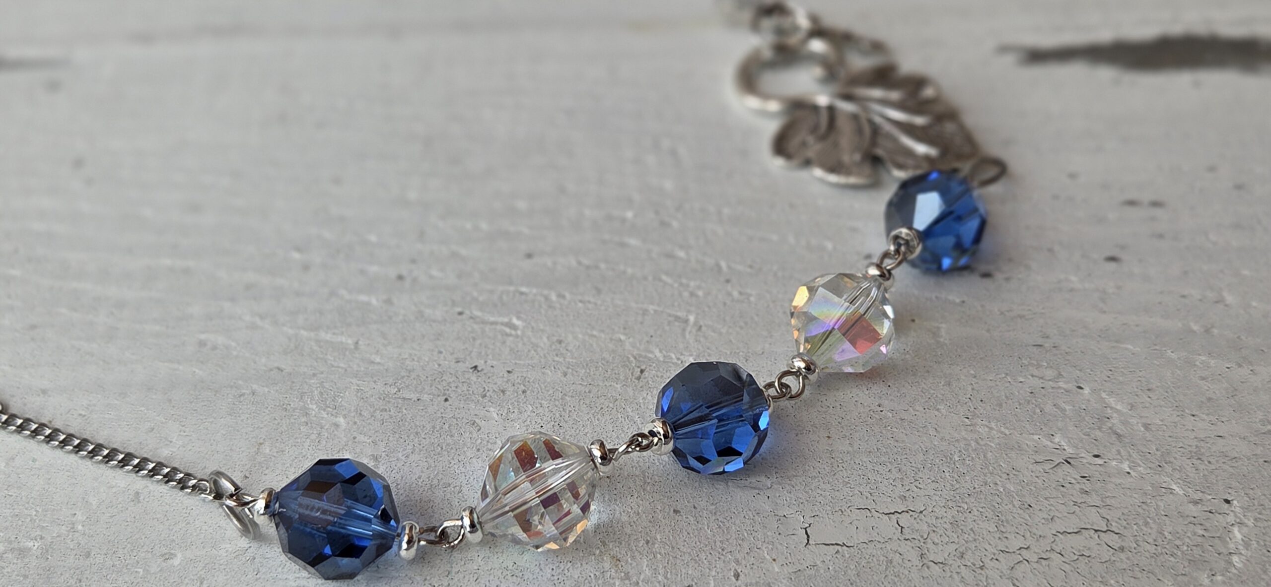 Blue and Clear Crystal Necklace with Leaf Toggle Clasp 2