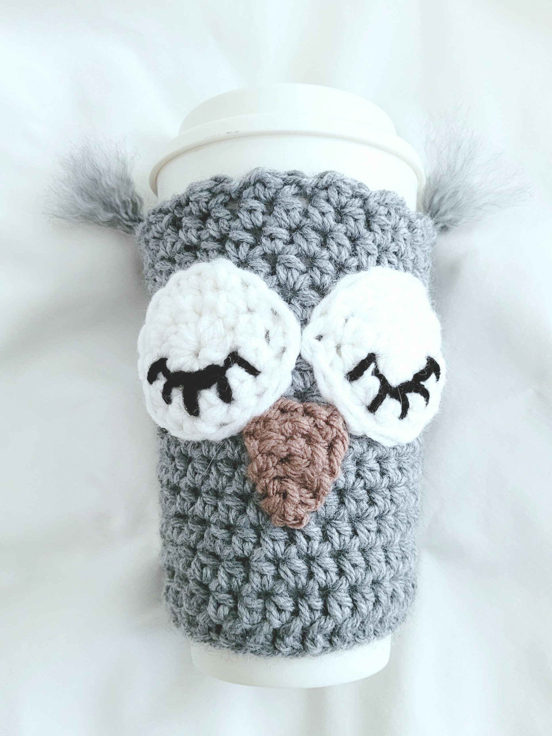 Cup Sleeve, Crochet - Oxford Grey Sleepy Owl