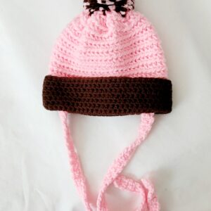 Baby Crochet Hat - Pink/Brown with Ties - 3-6 mths old