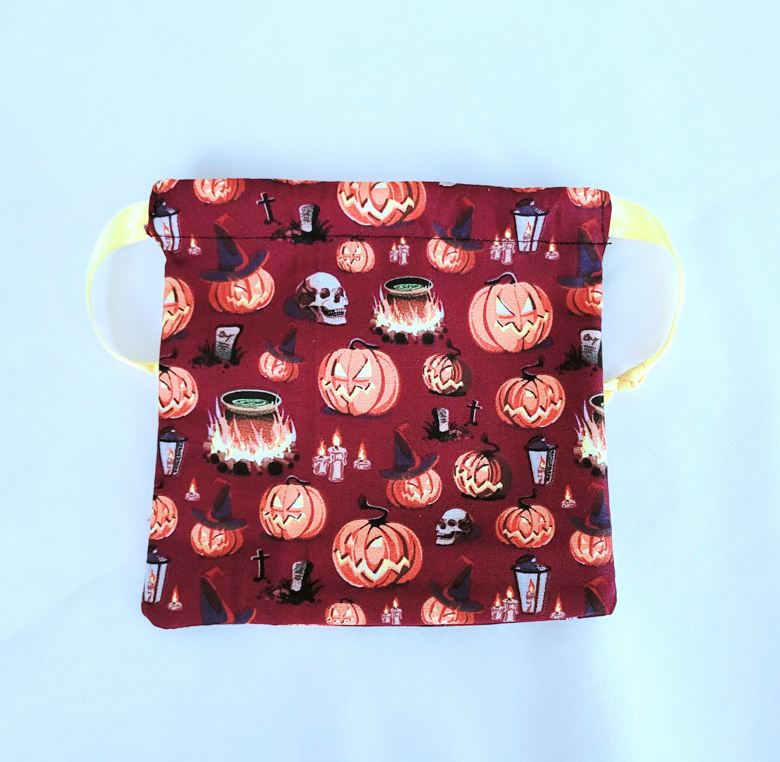 Drawstring Bag – Reusable Gift & Storage Pouch – Burgundy Pumpkins (Yellow Ribbon Tie)