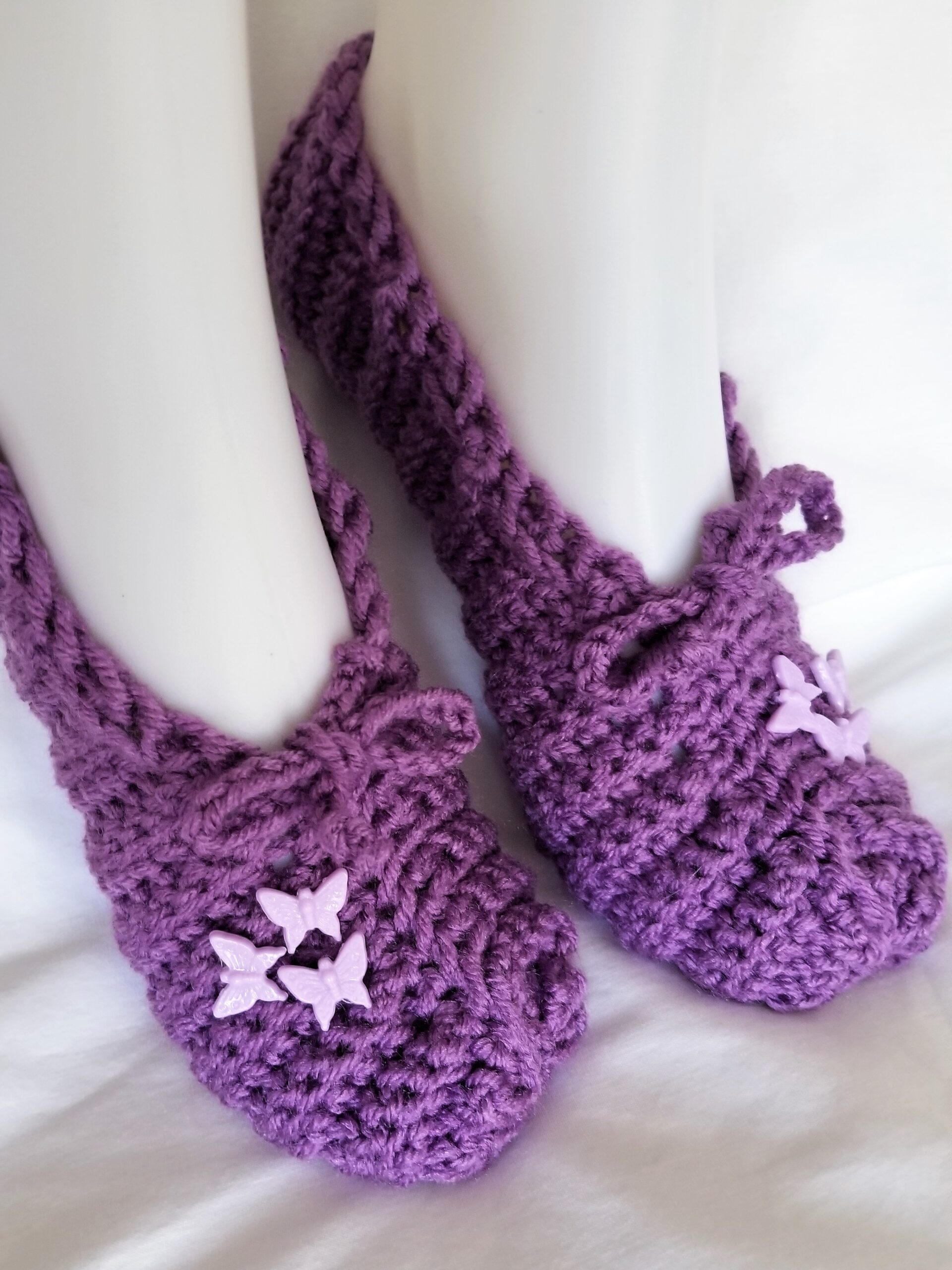 Crochet Slipper Socks - Purple with Lavender Butterflies (size 8-9) - Image 4
