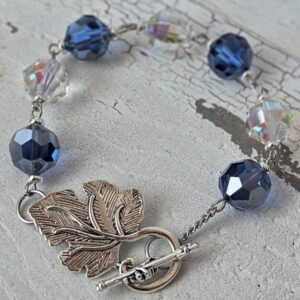Handmade Crystal Blue and Clear Bead Bracelet with Leaf Toggle Clasp