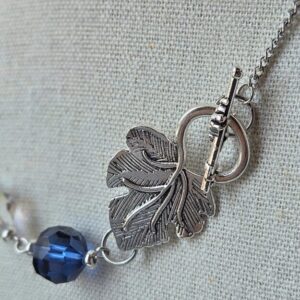 Handmade Blue and Clear Crystal Bead Necklace with Large Leaf Toggle Clasp