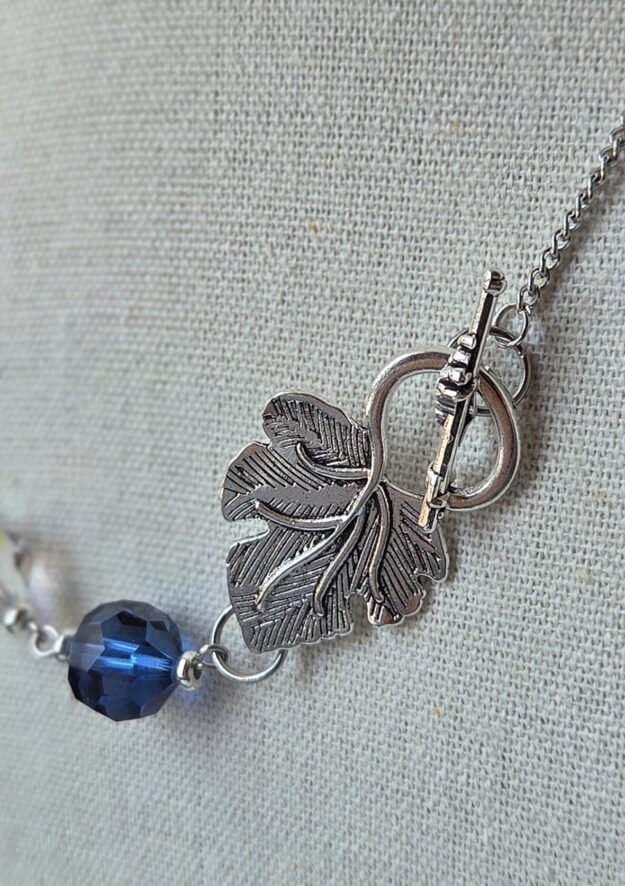Handmade Blue and Clear Crystal Bead Necklace with Large Leaf Toggle Clasp