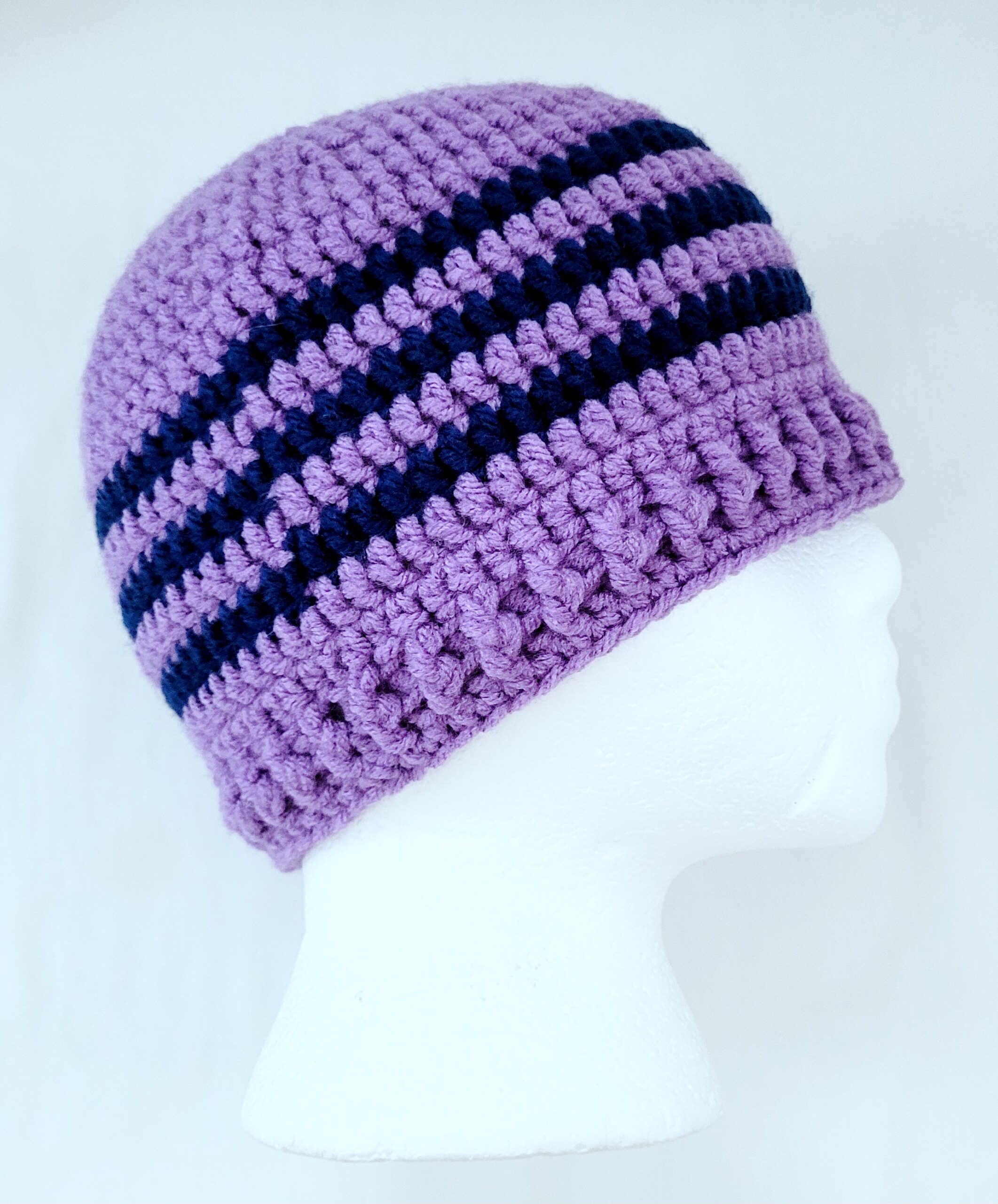 Hat - Crochet Unisex Beanie Hat - Purple Blue Stripes - Image 4