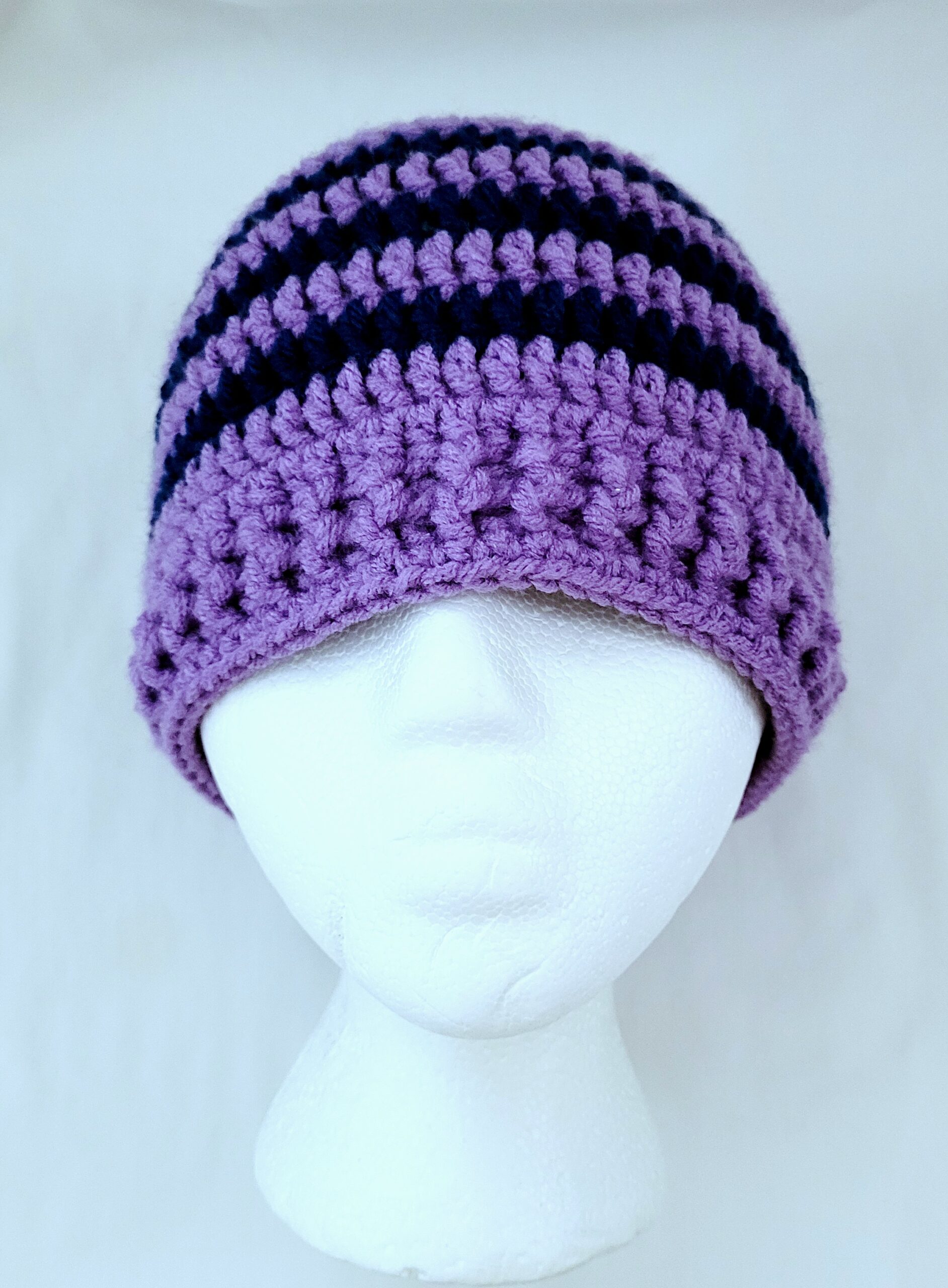 Hat - Crochet Unisex Beanie Hat - Purple Blue Stripes