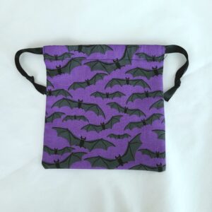 Drawstring Bag – Reusable Gift & Storage Pouch – Purple Bats (Black Ribbon Tie)