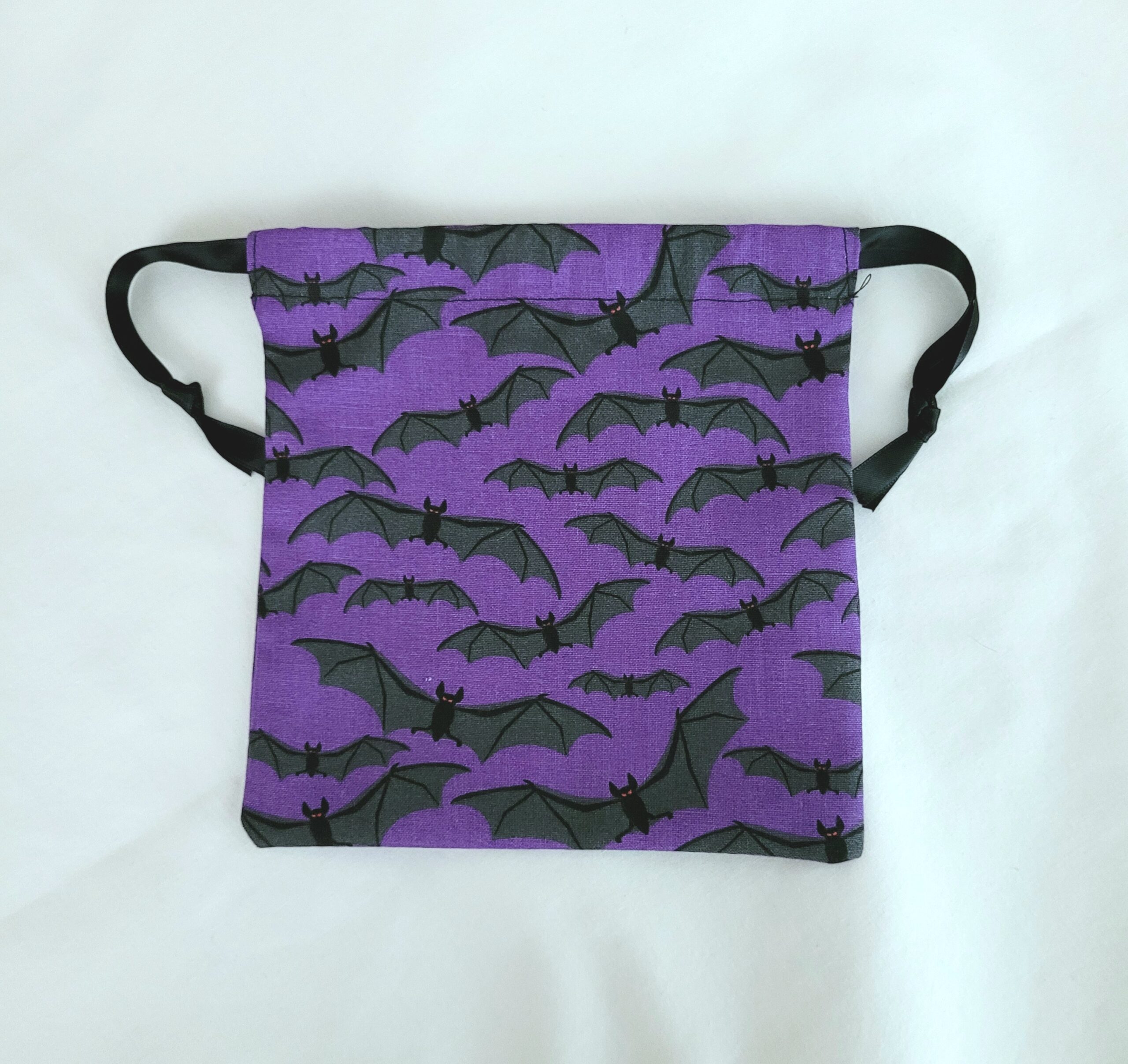 Drawstring Bag – Reusable Gift & Storage Pouch – Purple Bats (Black Ribbon Tie)