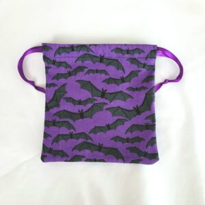 Drawstring Bag – Reusable Gift & Storage Pouch – Purple Bats (Purple Ribbon Tie)