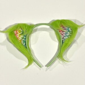 Furry Ear Headband - green and pastel rainbow animal print