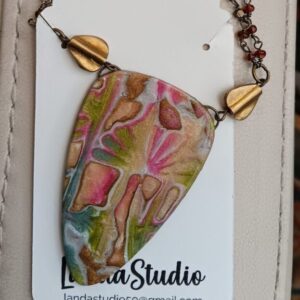 Ooak artisan necklace with garnet beaded vintage chain and brass decorative beads. The art is resin covered polymer clay and its HANDMADE as is the whole piece. There is a magnetic clasp.