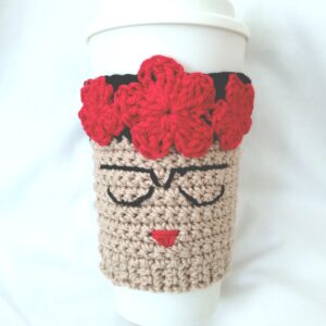 Coffee Cup Sleeve – Crochet Reusable Cup Cozy - Red Flowers, Frida Kahlo