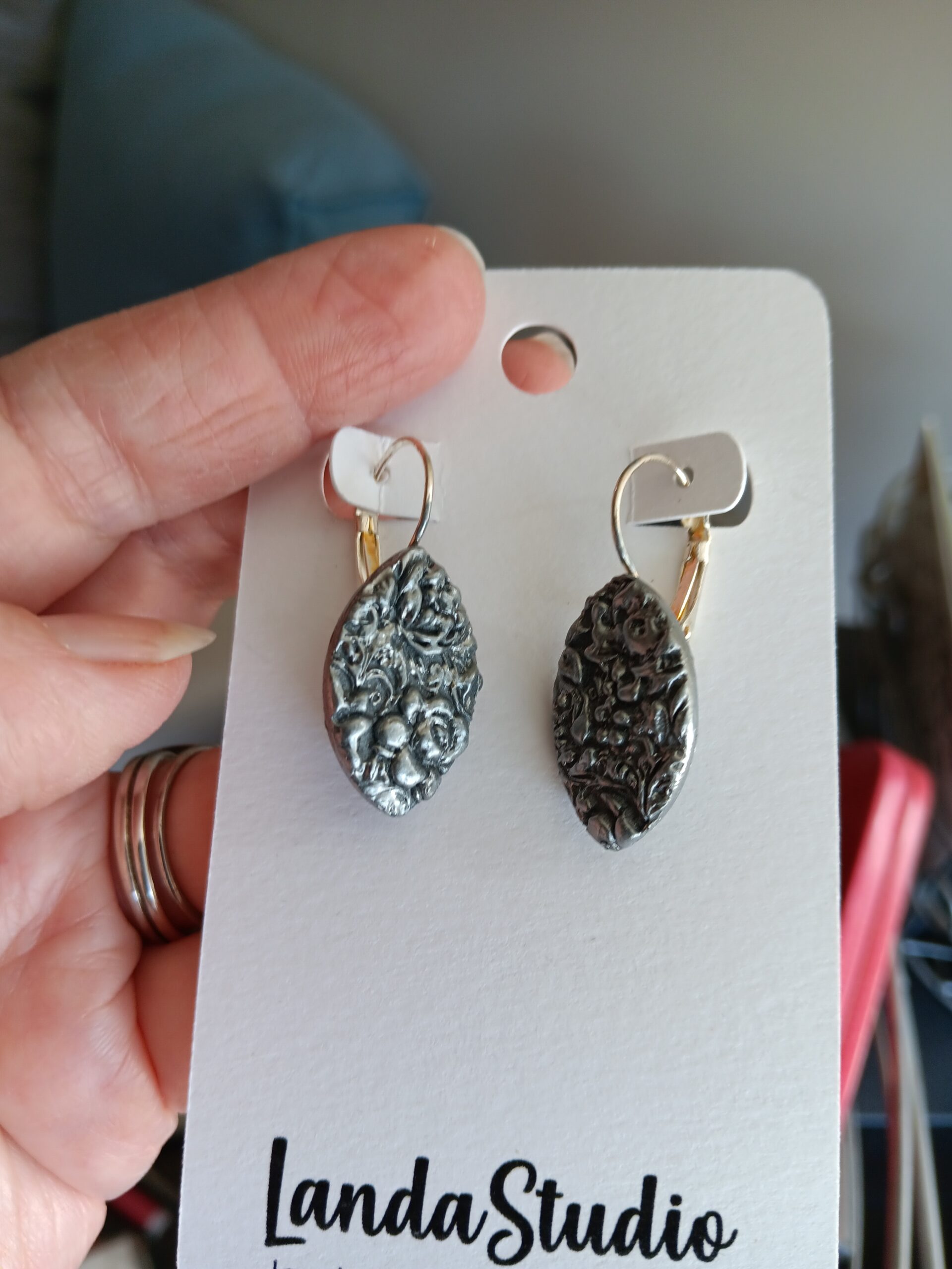 Faux Pewter Polymer Clay Eye Shaped Drops on stainless leverback wires - Image 2