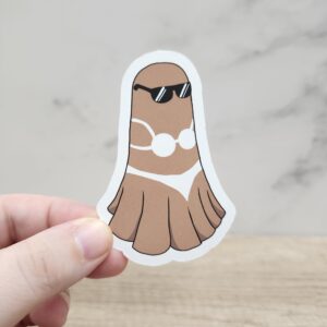 Boo-kini Sheet Ghost with Sunglasses and Tan Vinyl Sticker 3"