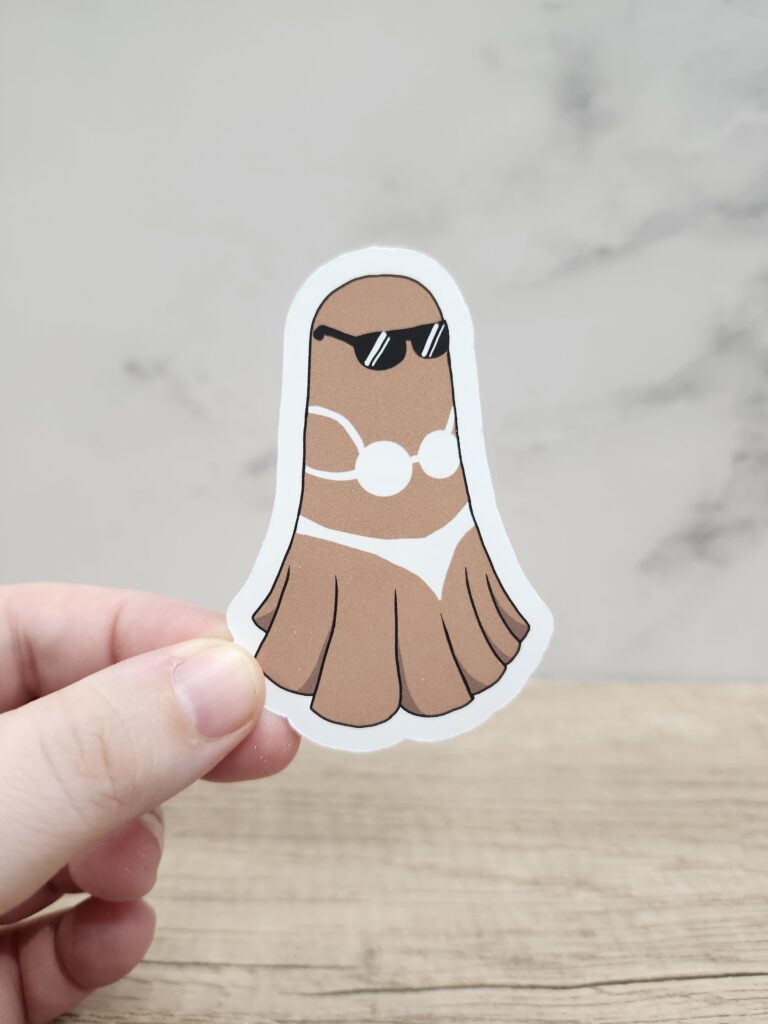 Boo-kini Sheet Ghost with Sunglasses and Tan Vinyl Sticker 3"
